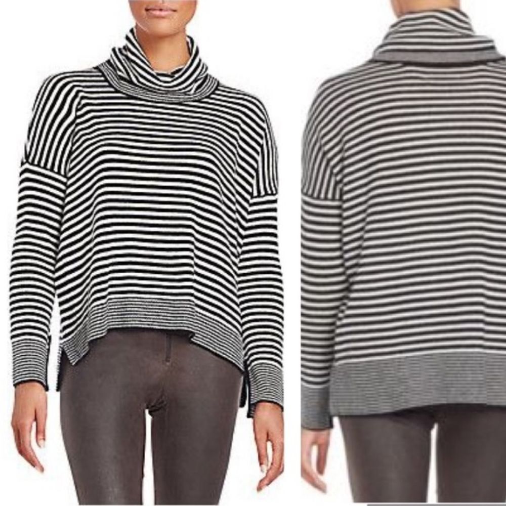 Alice + Olivia Black and Ivory Striped Cowl Neck Sweater